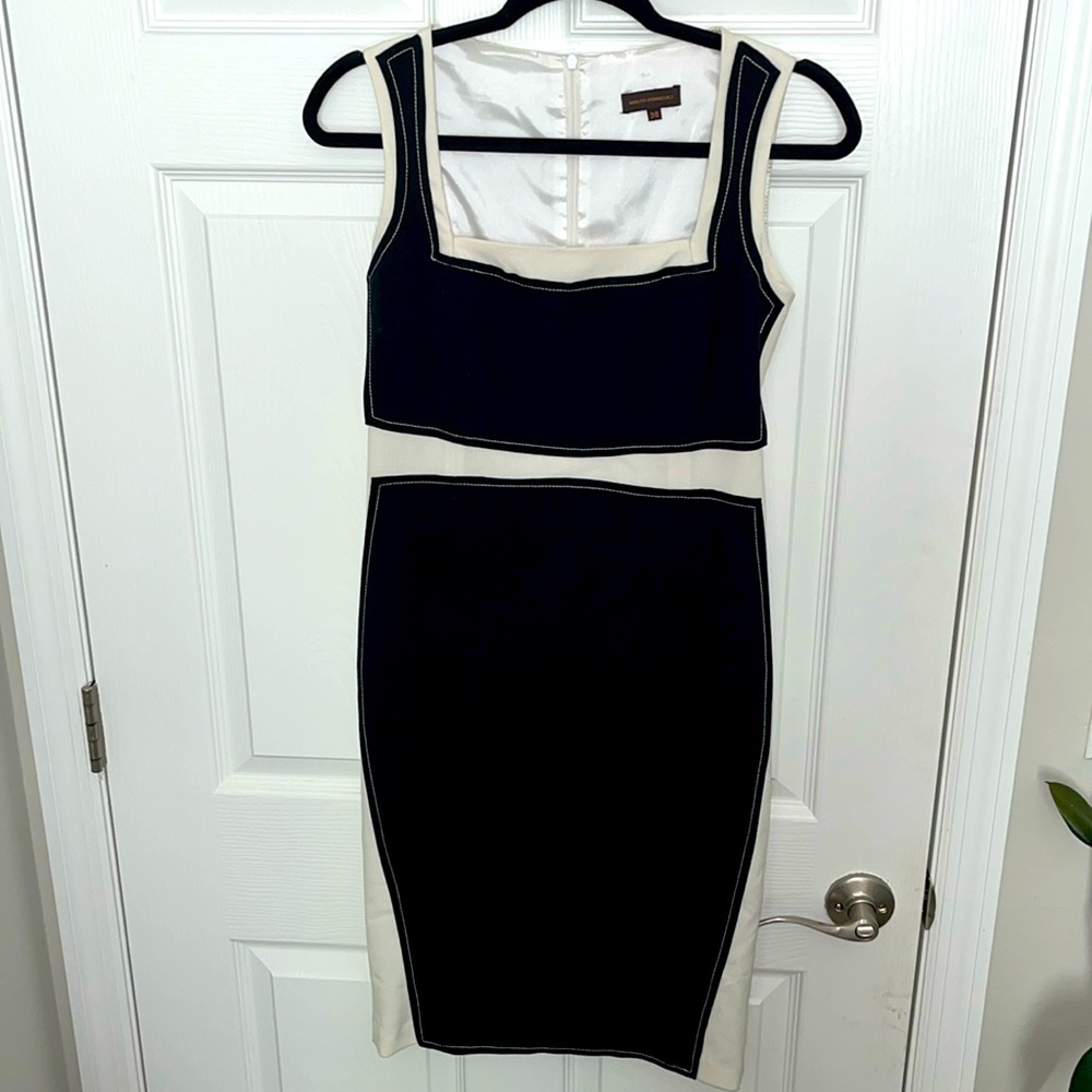 Adolfo Dominguez Hourglass Black & Ecru Stitch Dress Detail Size 38